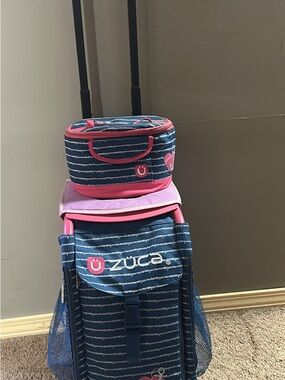 ZUCA Navy Stripe Rolling Travel Bag with Pink Trim